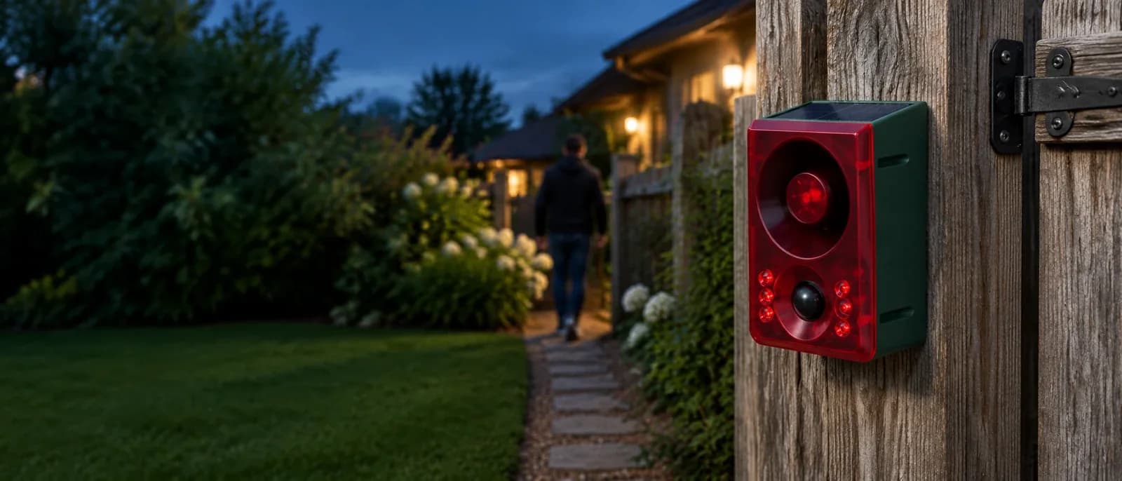 Solar motion alarm mounted beside a backyard gate at dusk