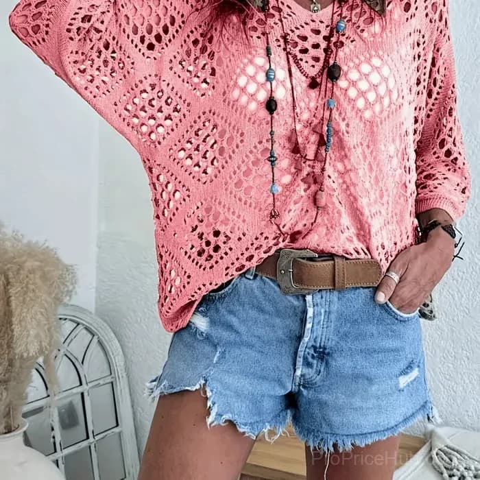 Women's Bohemian Beige Crochet V-Neck Top, Apricot, S - View 5