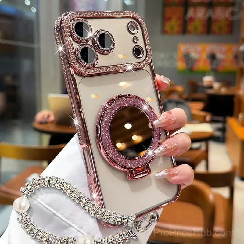 Silver Diamond-Style Phone Case with Mirror Stand for iPhone 17 - View 4