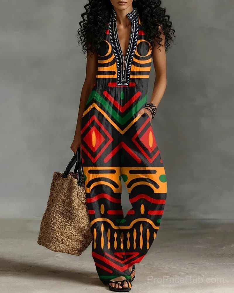 Geometric Print Linen Blend Sleeveless Jumpsuit with Zipper & Stand Collar - View 1