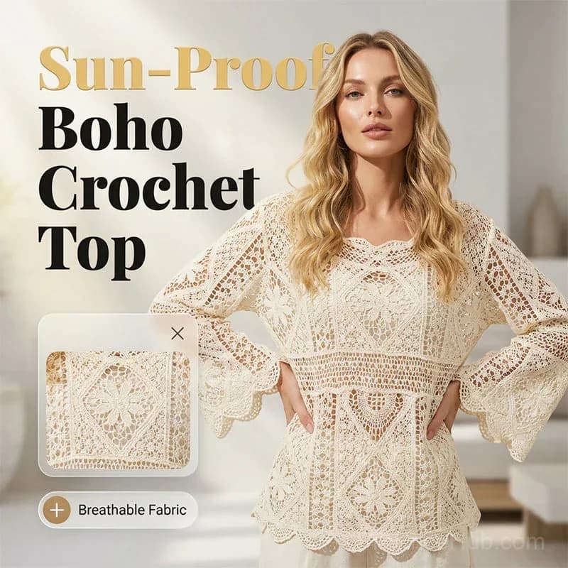 Women's Vintage Lace Cover-Up Blouse – Flare Sleeves Bohemian Beachwear - View 2