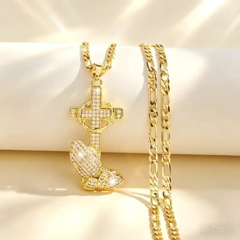 Cross and Prayer Hands Pendant Necklace - View 1