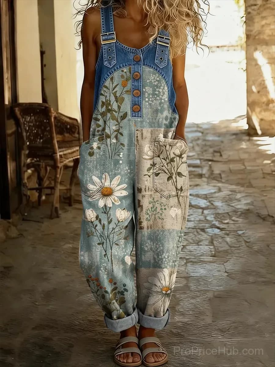 Women's Casual Washed Cotton Denim Patchwork Jumpsuit - View 1