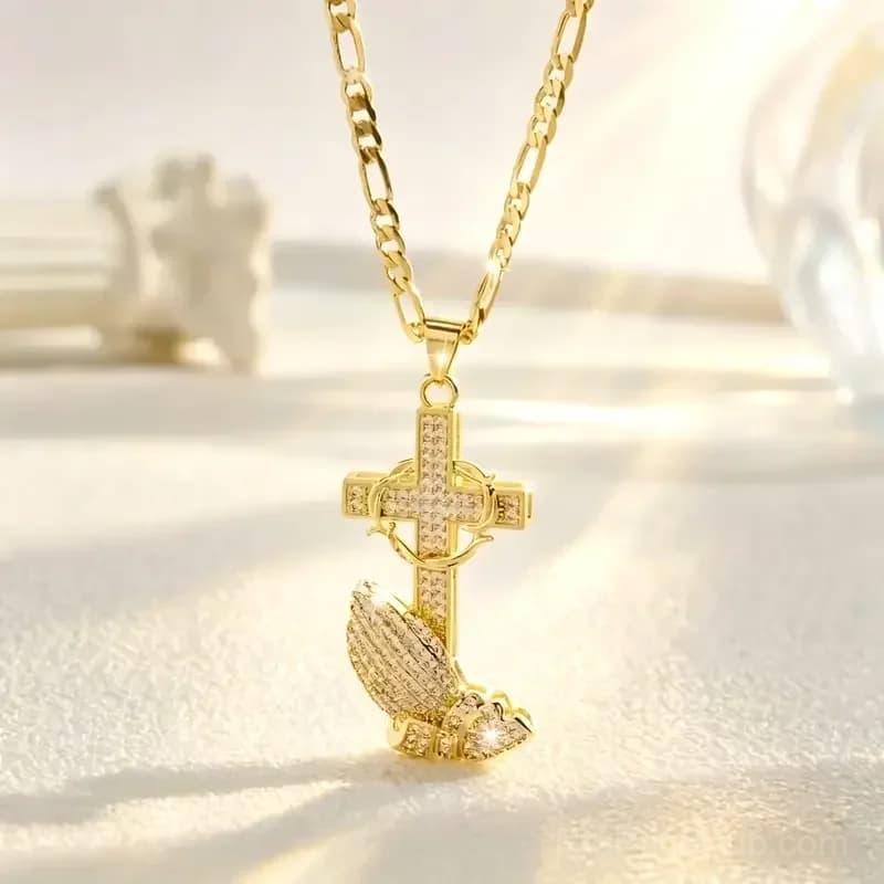 Cross and Prayer Hands Pendant Necklace - View 2