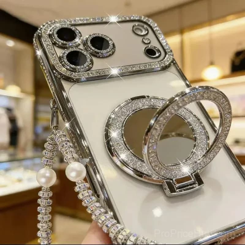 Silver Diamond-Style Phone Case with Mirror Stand for iPhone 17 - View 3