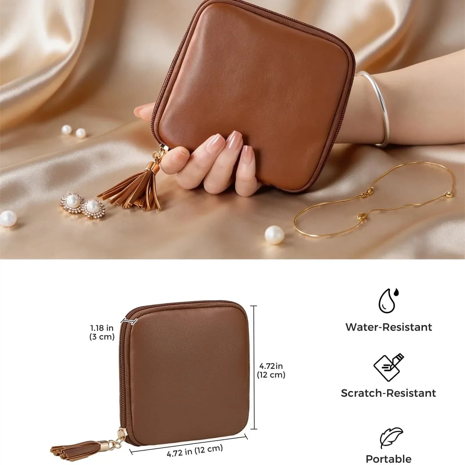 Travel Jewelry Organizer Case with Compartments, Brown PU Pouch - View 3