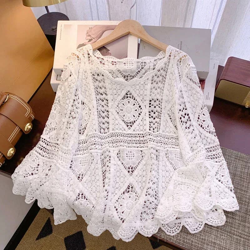 Women's Vintage Lace Cover-Up Blouse – Flare Sleeves Bohemian Beachwear - View 9