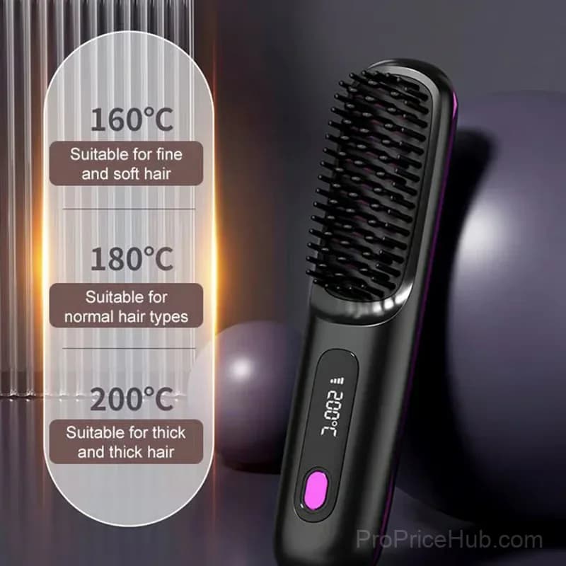 Wireless Ceramic Heated Hair Straightening Comb, Black - View 6