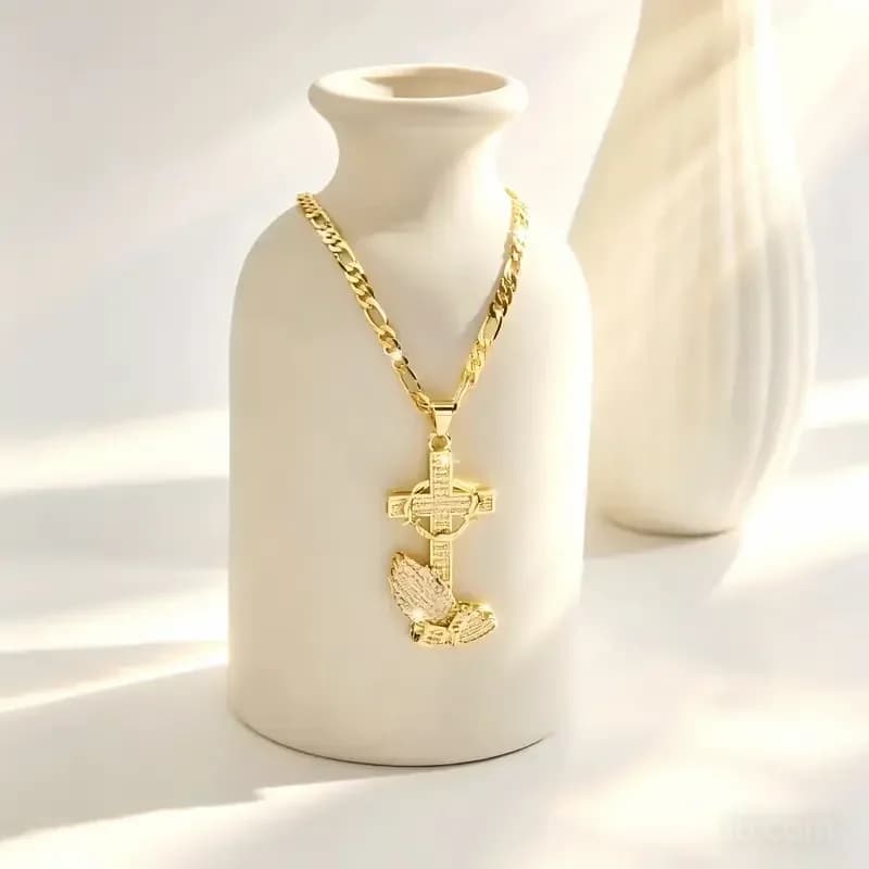 Cross and Prayer Hands Pendant Necklace - View 3