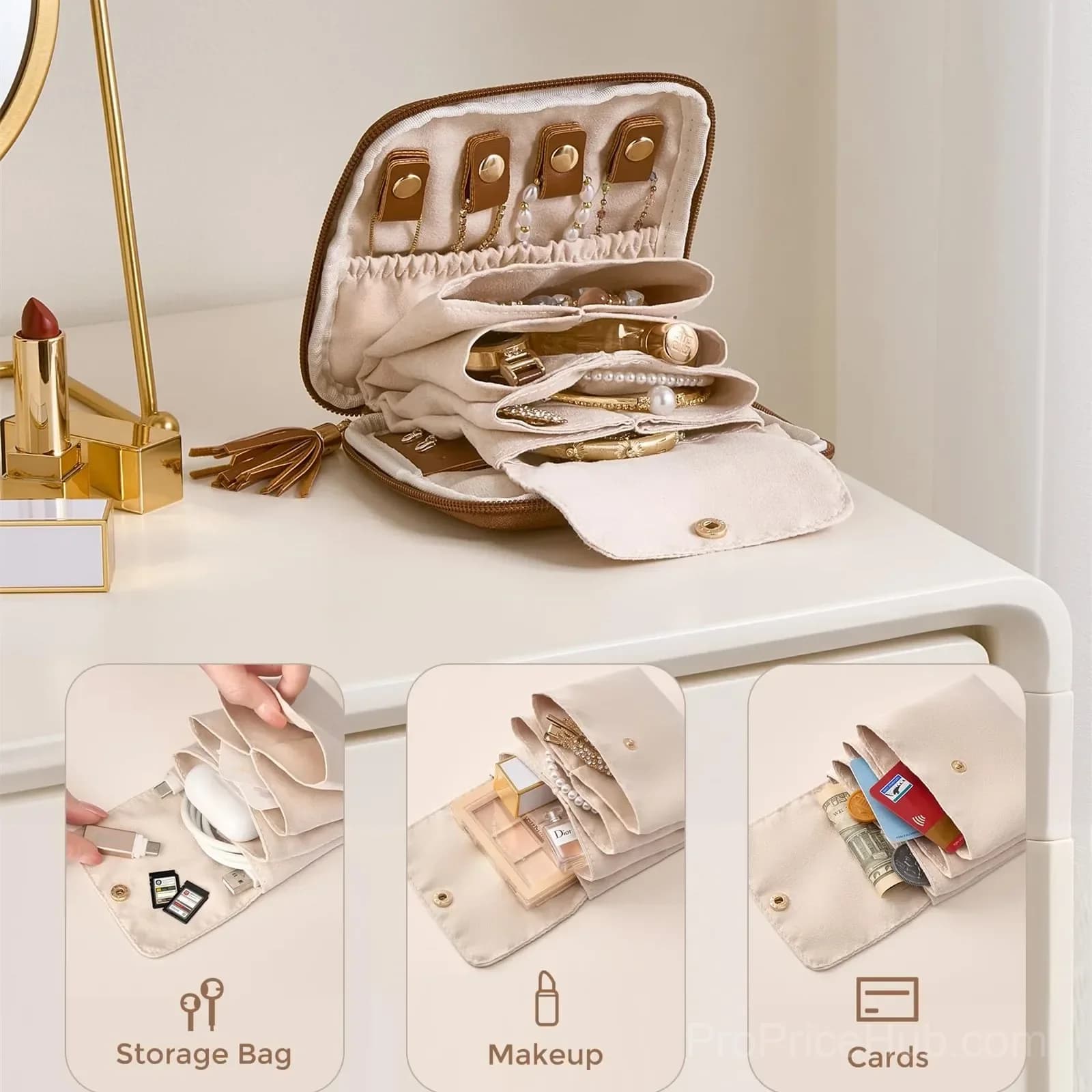 Travel Jewelry Organizer Case with Compartments, Brown PU Pouch - View 5