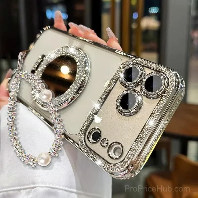 Silver Diamond-Style Phone Case with Mirror Stand for iPhone 17 - View 1