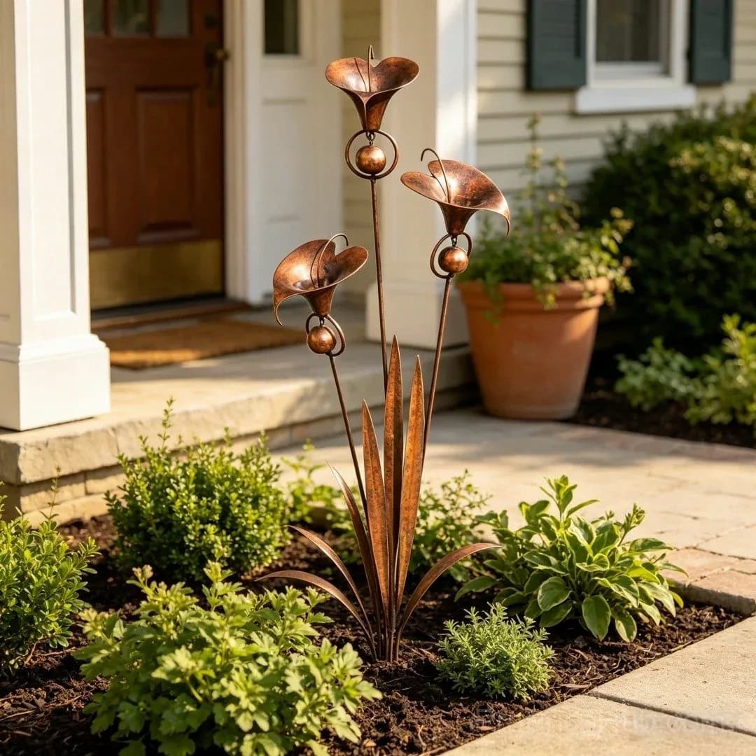 Flamed Copper Three Calla Lilies Garden Stake with Bells - View 1