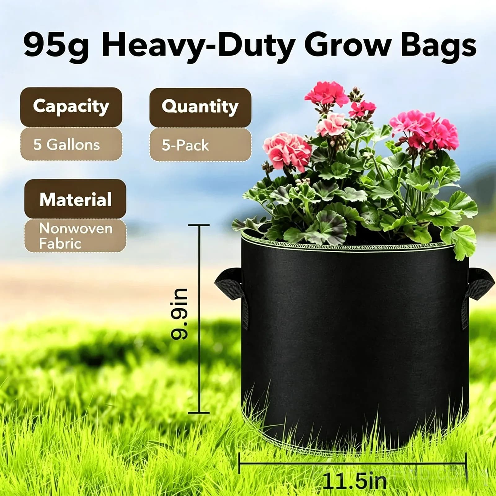 5-Pack 5 Gallon Heavy Duty Aeration Fabric Grow Bags with Handles - View 8