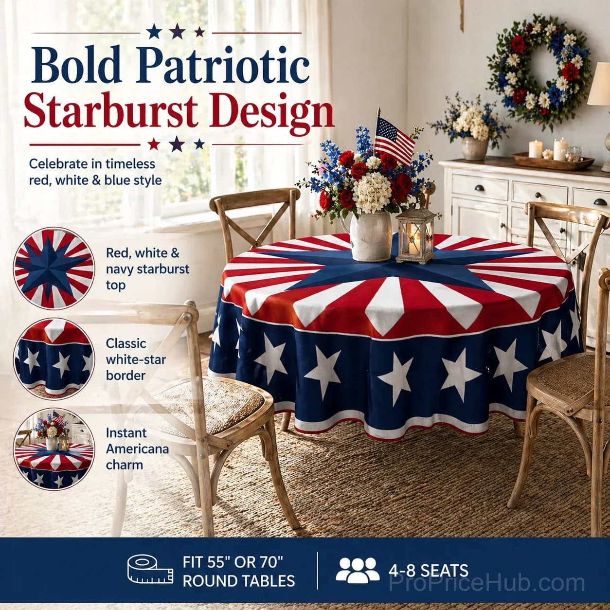 Patriotic Starburst Round Tablecloth - July 4th Independence Day Decor & Outdoor Picnic Cover - View 4