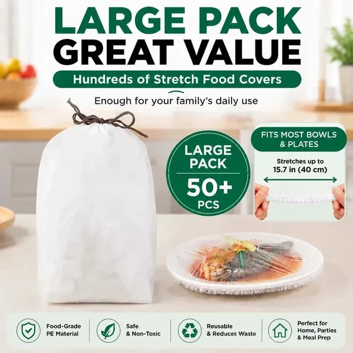 50-Pack Disposable PE Stretch Food Covers for Bowls & Plates - View 1