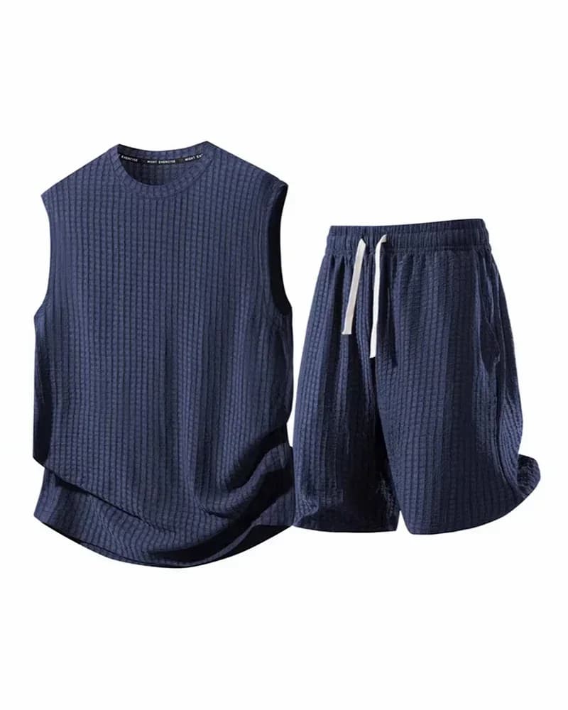 Men's Solid-Color Ribbed Sleeveless Vest & Shorts Set (S-8XL) - View 1