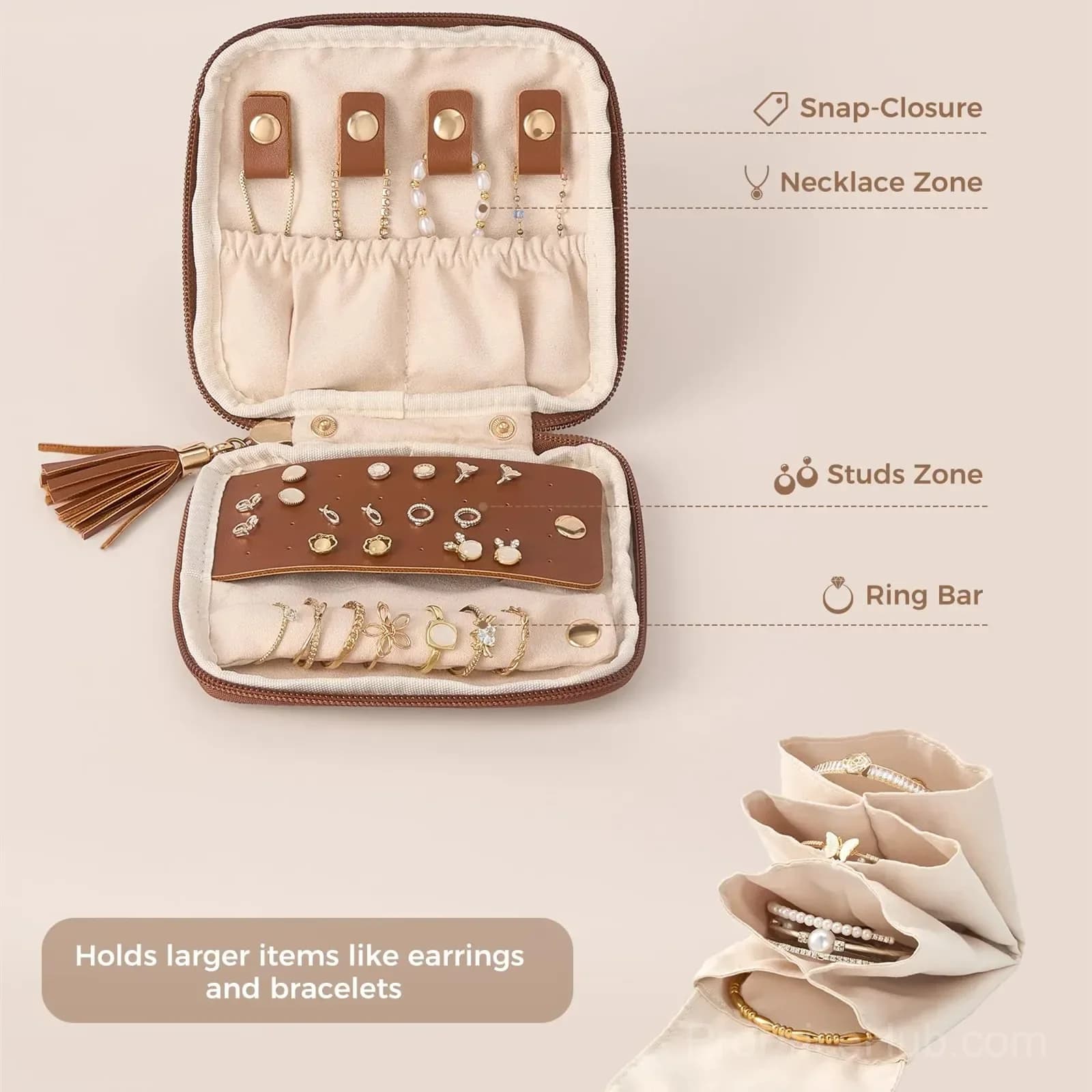 Travel Jewelry Organizer Case with Compartments, Brown PU Pouch - View 4