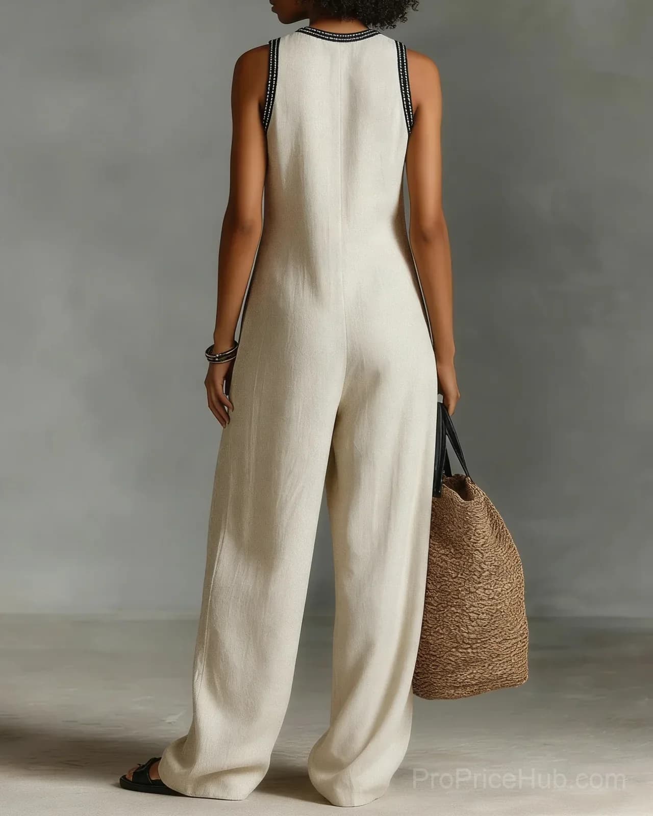 Women's Minimalist Linen Blend Sleeveless Jumpsuit with Stand Collar - View 2