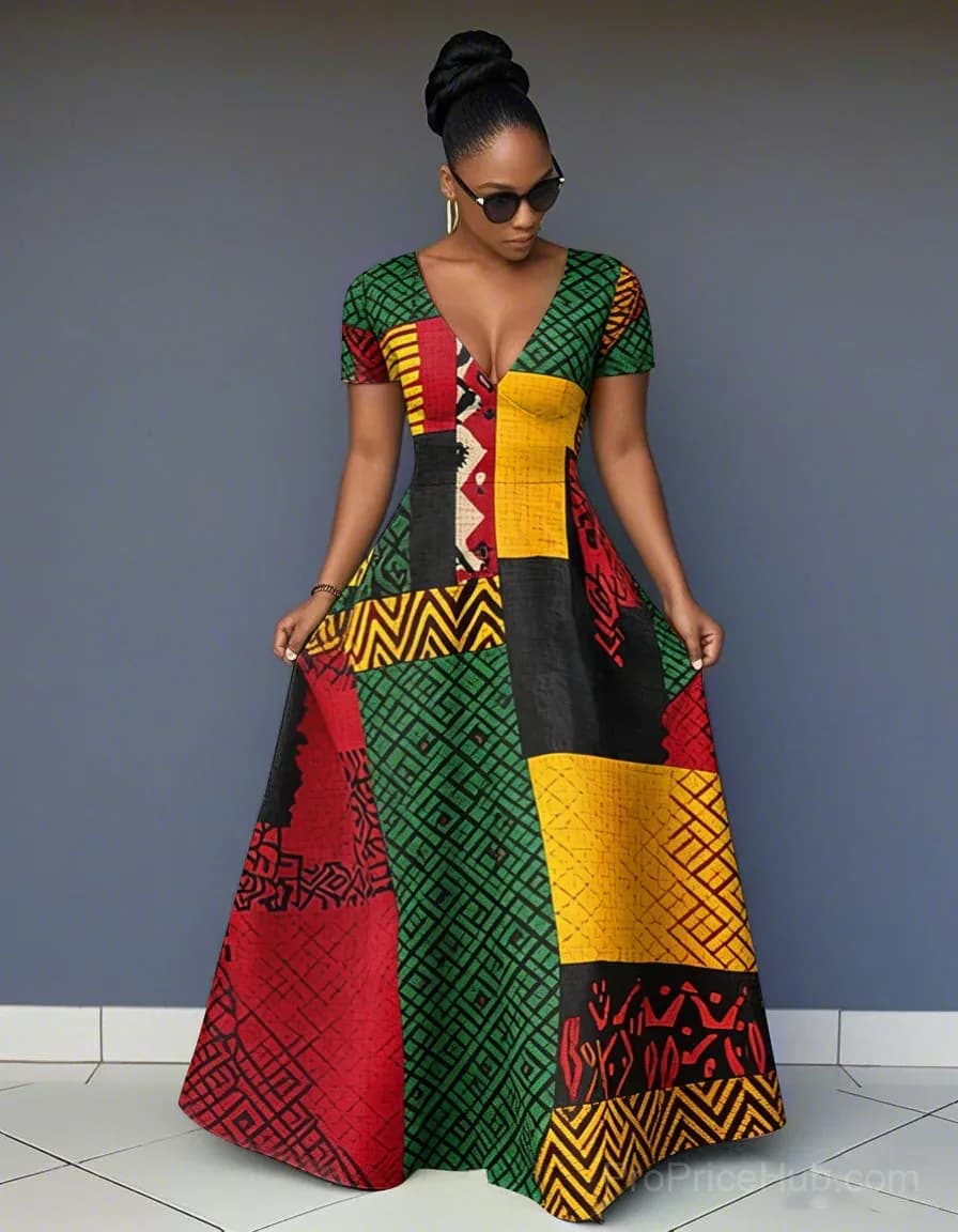 V-Neck Short Sleeve African Print Maxi Dress with Pockets - View 1