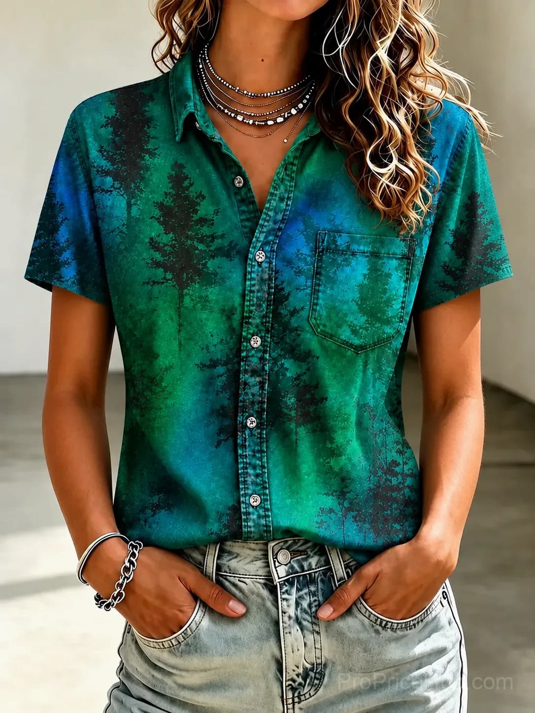 Glowing Forest Tree Emerald Green Cotton T-Shirt - View 1