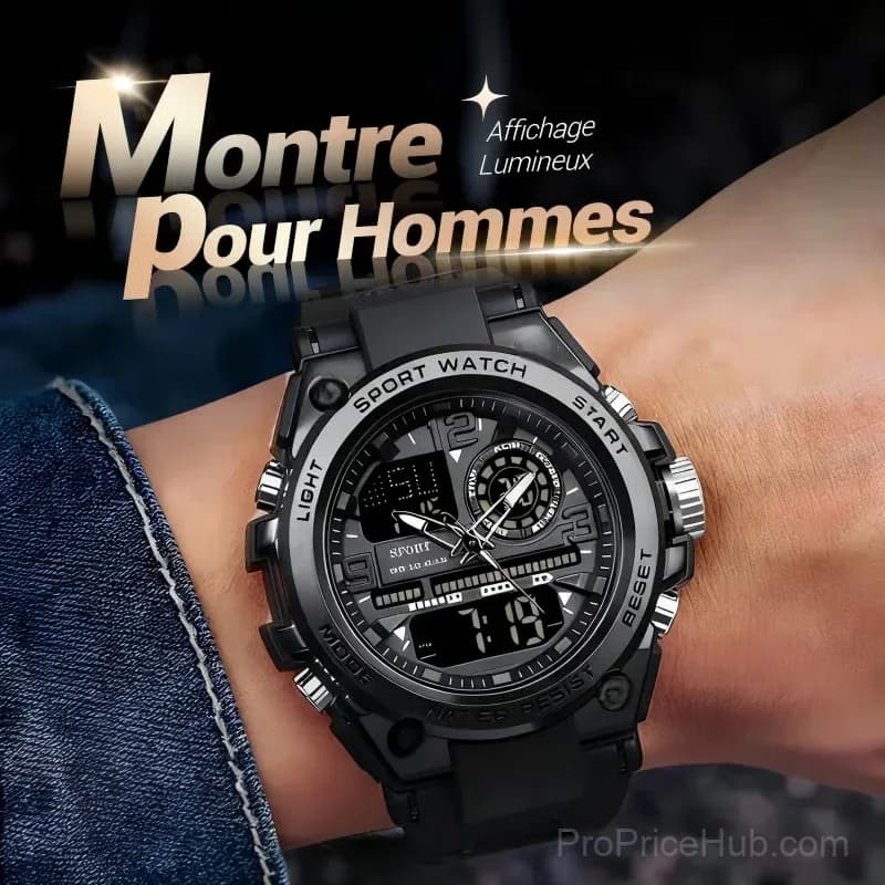 Men's Waterproof Sports Watch with Luminous Display, Black - View 2