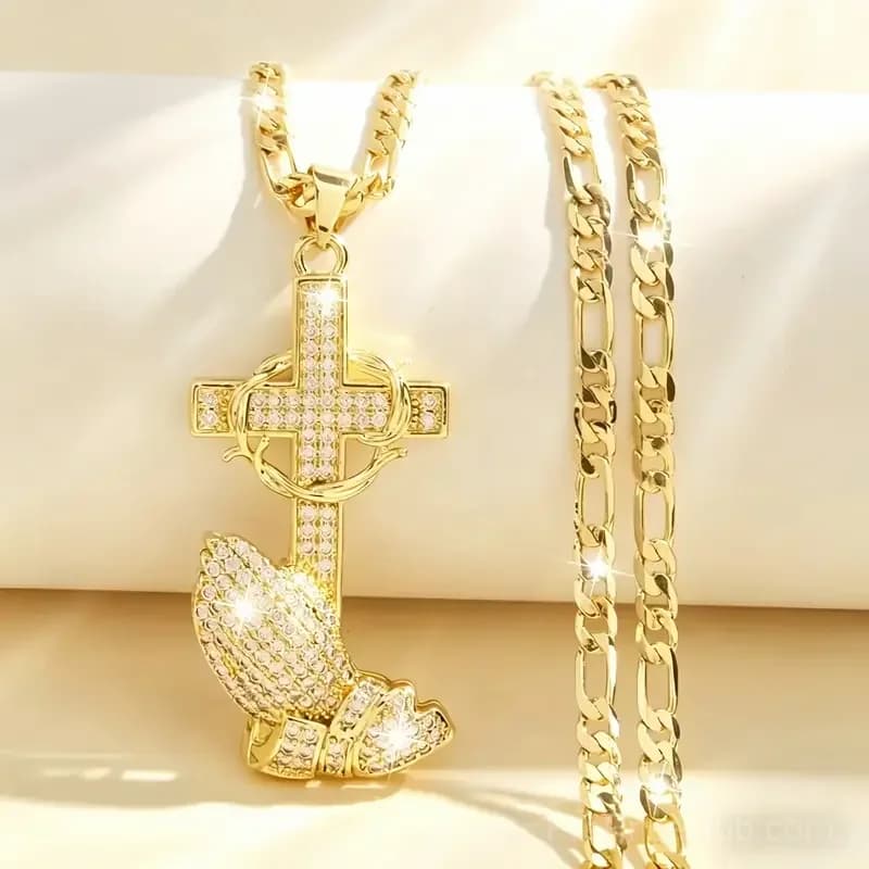 Cross and Prayer Hands Pendant Necklace - View 7