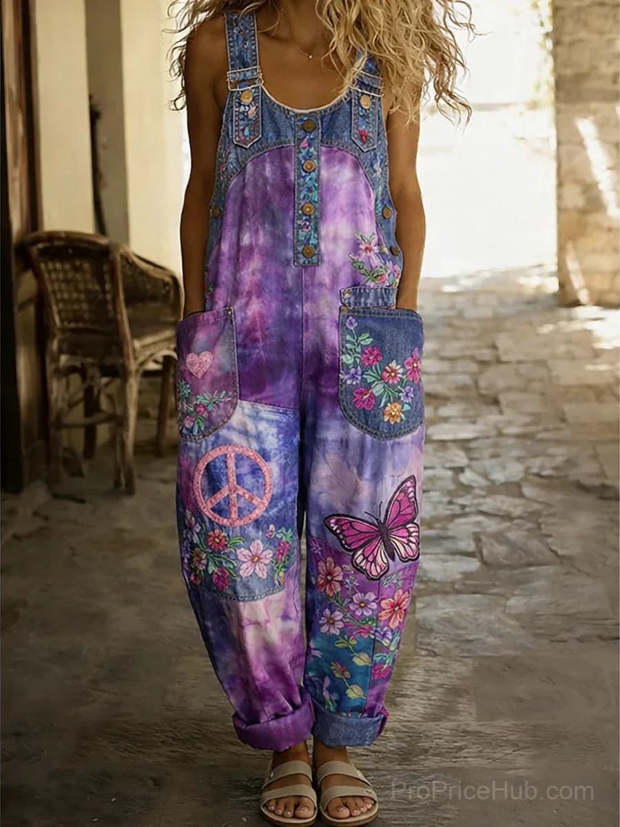 Women's Retro Washed Cotton Denim Patchwork Jumpsuit - View 1