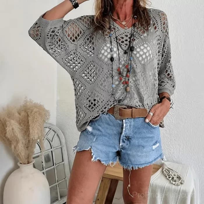 Women's Bohemian Beige Crochet V-Neck Top, Apricot, S - View 9