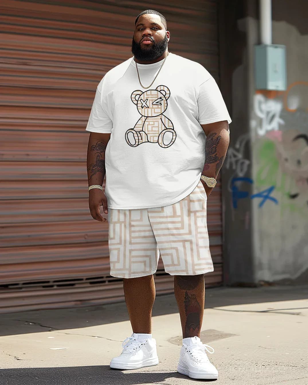 Men's Big & Tall Geometric Bear Print T-Shirt Shorts Set - View 2