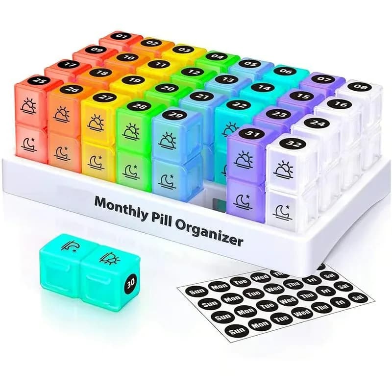 Monthly AM/PM Pill Organizer with Stickers, Multicolor - View 1