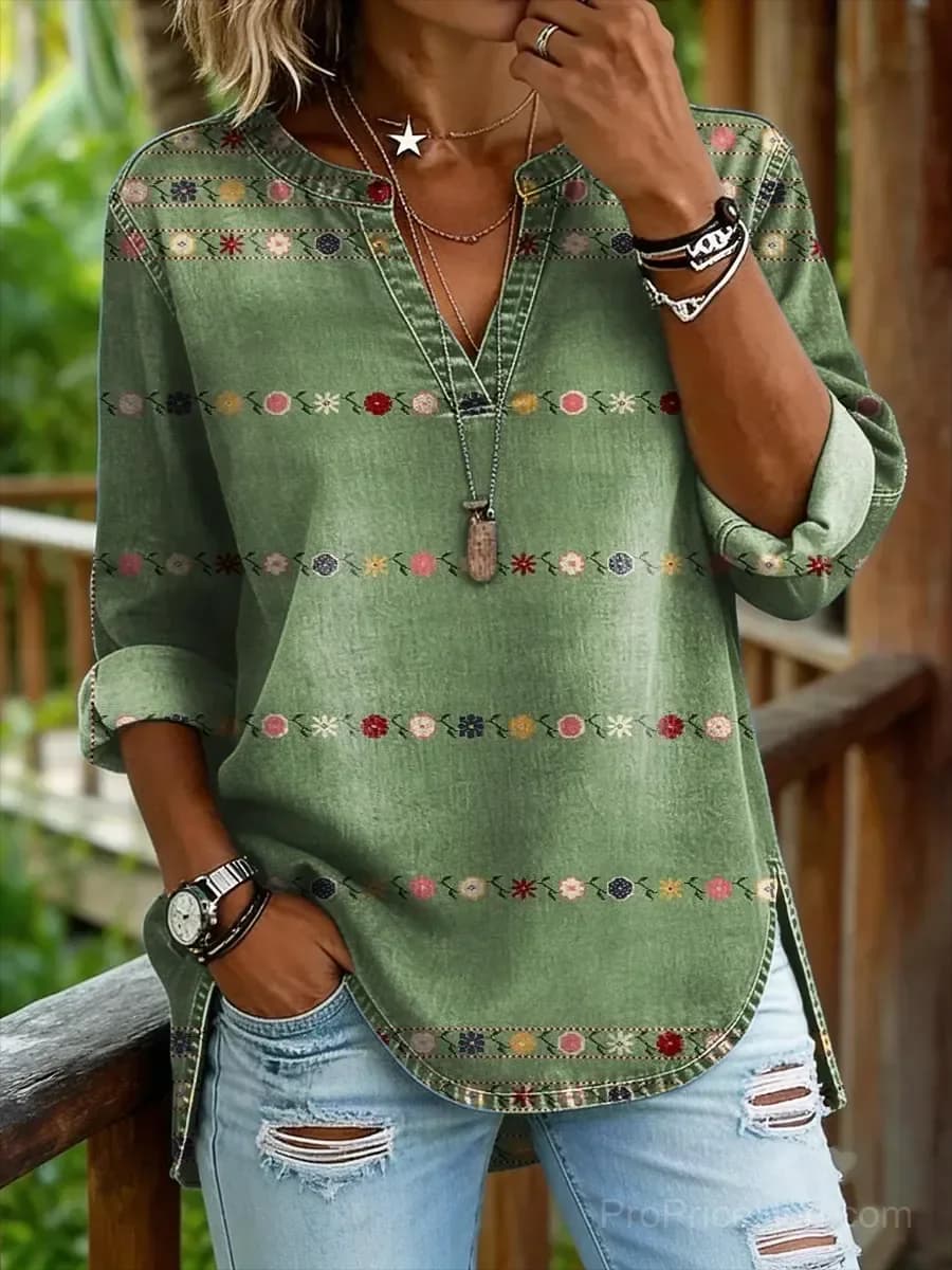 Women's Vintage Floral Washed Cotton Denim V-Neck Shirt - View 1