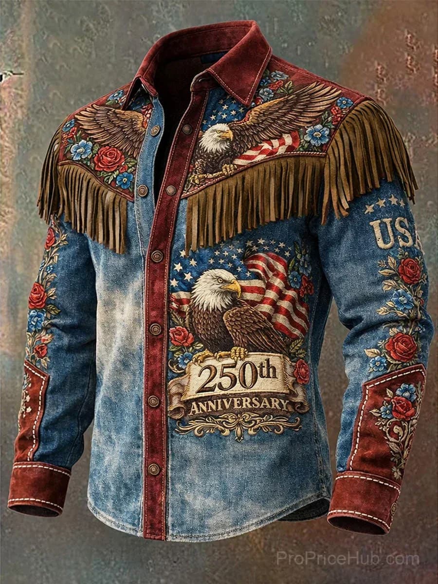 Men's Retro Western Art Print Long Sleeve Tassel Shirt - View 1