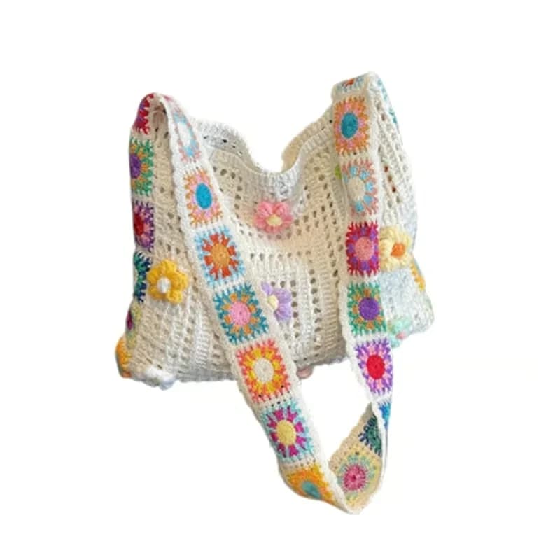 Casual Hollow Knit Tote Bag, Off-White Ethnic Squares - View 3