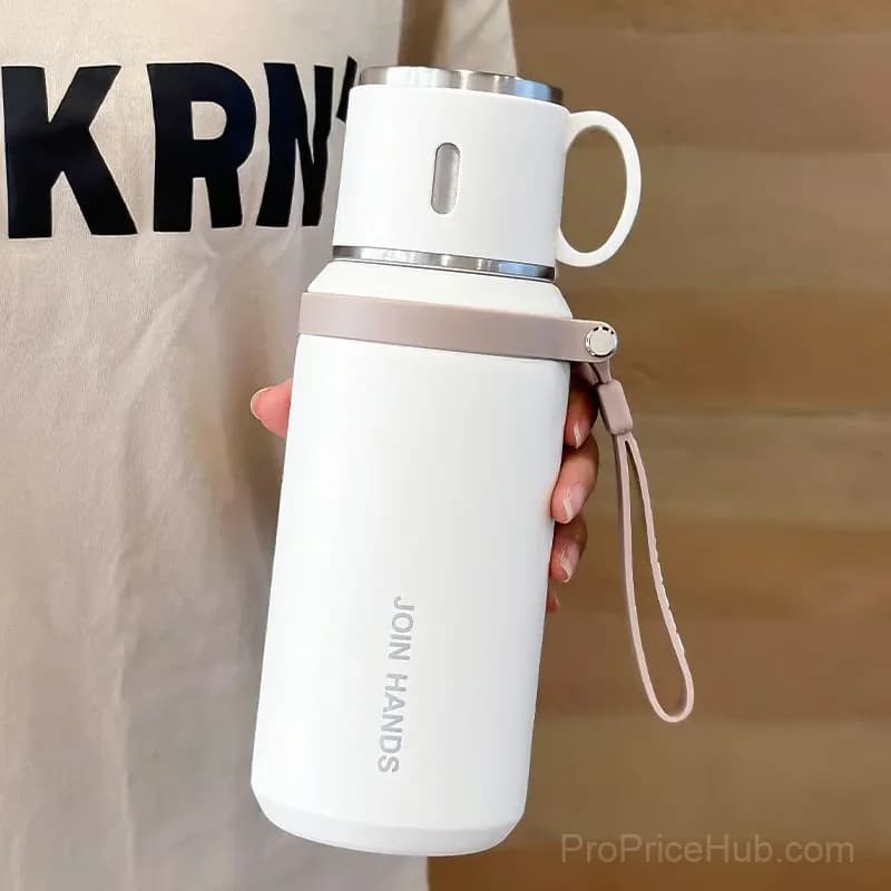 600ml 316 Stainless Steel Vacuum Insulated Bottle with Dual Lids, White - View 1