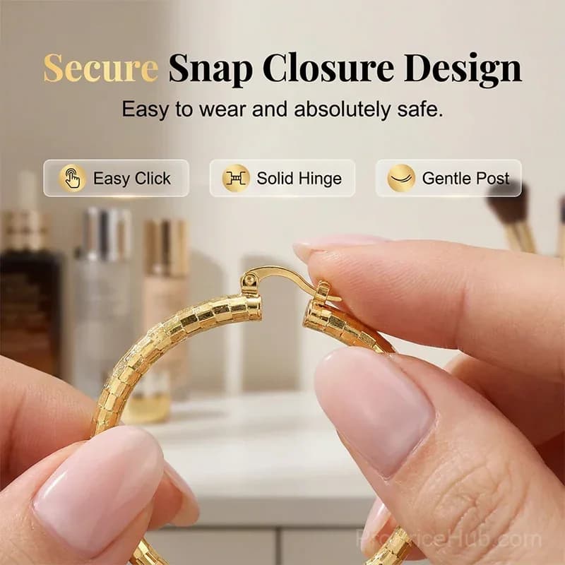 Women's Minimalist Textured Hoop Earrings - Diamond-Cut, Snap Closure - View 5