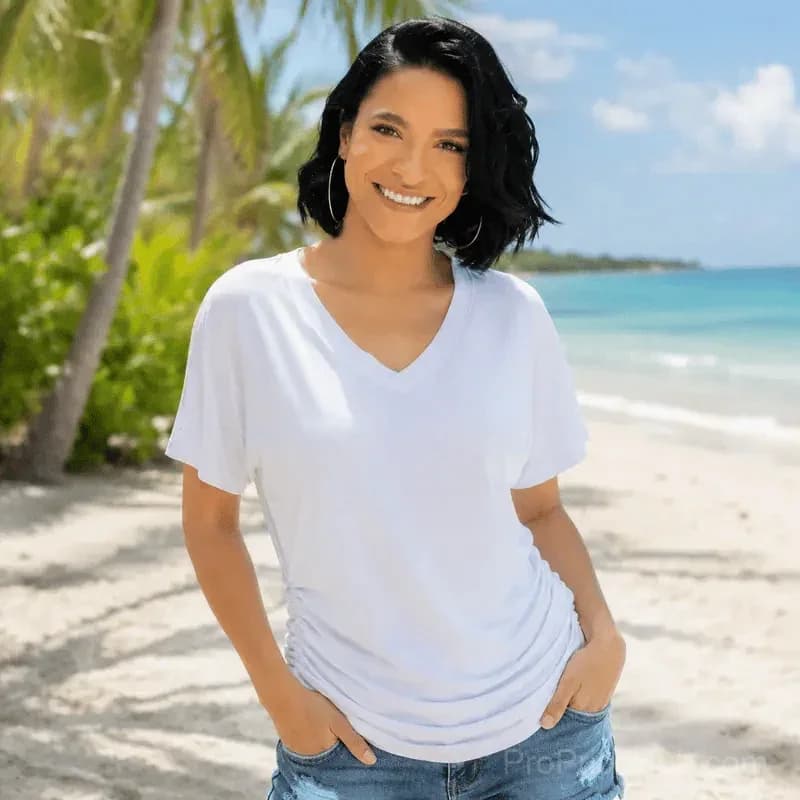 Women's Short Sleeve V-Neck Dolman Top - Soft Breathable Loose Fit Blouse with Side Shirring - View 3