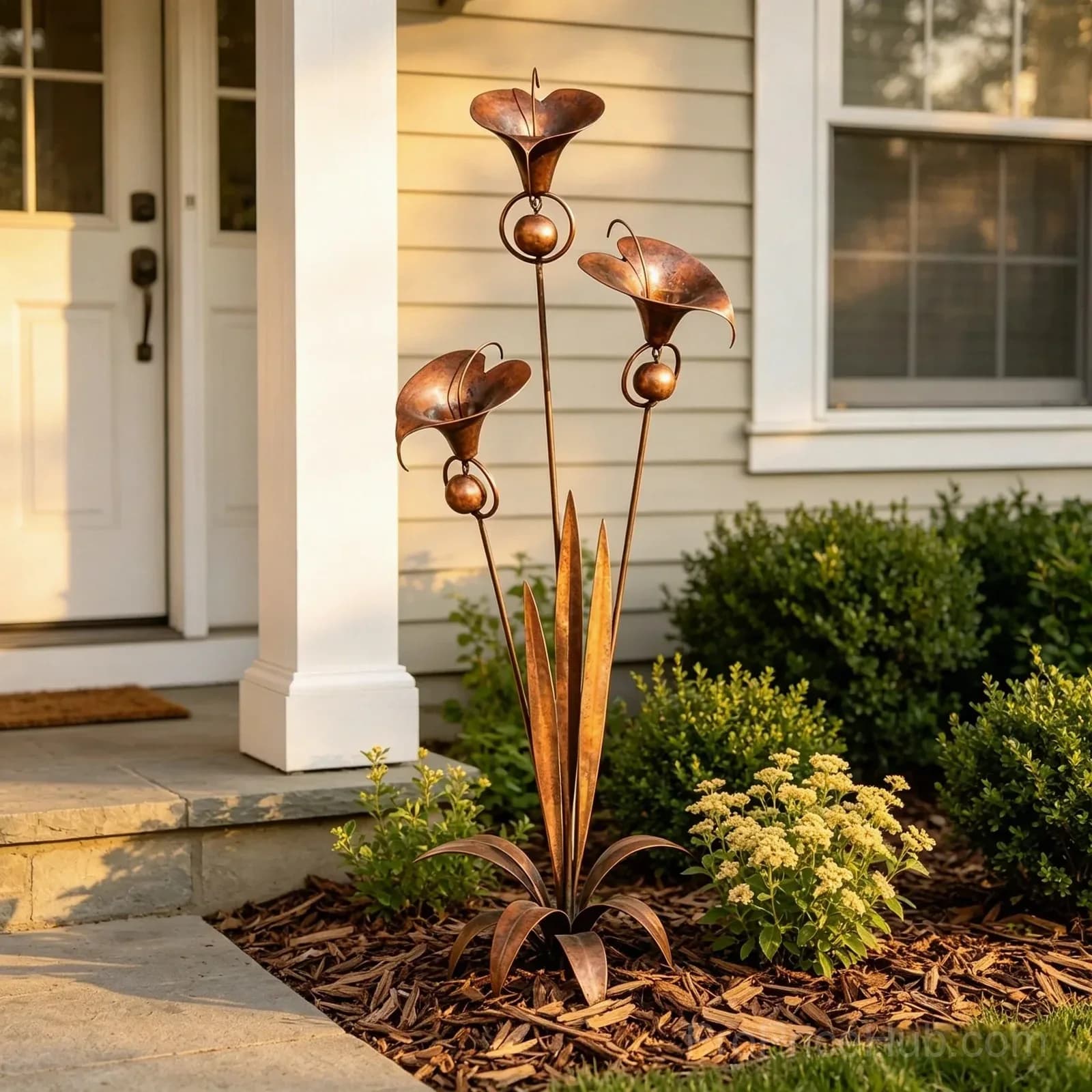 Flamed Copper Three Calla Lilies Garden Stake with Bells - View 2