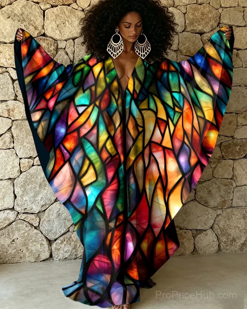 Geometric Patchwork Color Block V-Neck Kaftan Dress - View 1