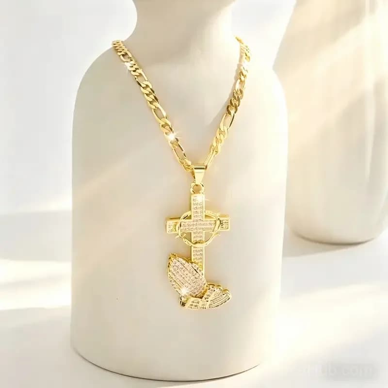 Cross and Prayer Hands Pendant Necklace - View 5