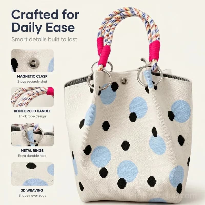 Polka Dot Handbag for Women – Roomy Classic Print Everyday Bag - View 3