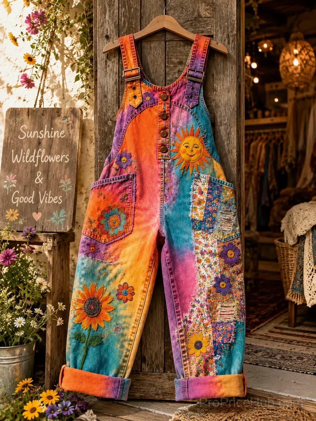 Women's Retro Art Print Denim Patchwork Jumpsuit - View 1