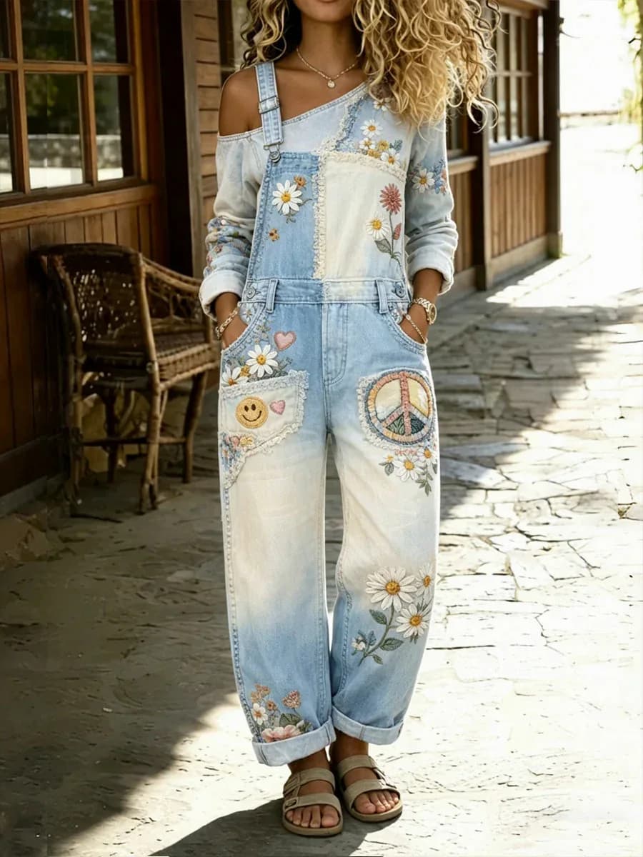 Women's Retro Color-Blocked Floral Denim Patchwork Jumpsuit - View 1