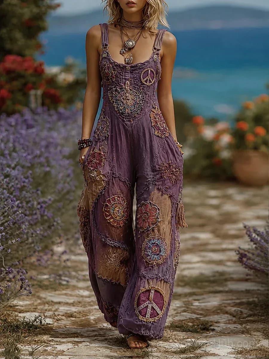 Women's Retro Art Print Washed Cotton Denim Patchwork Jumpsuit - View 1