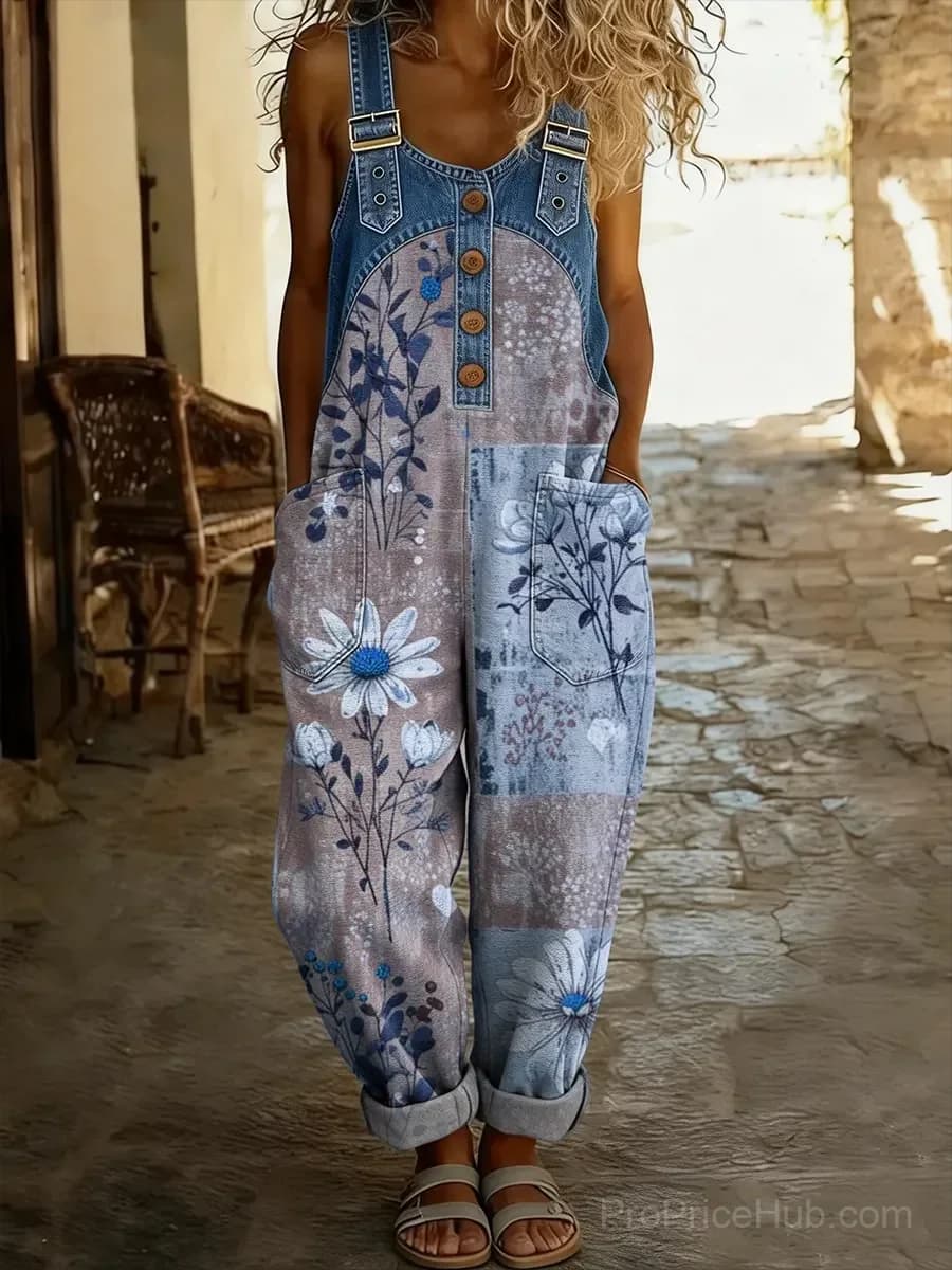 Women's Casual Washed Cotton Denim Patchwork Jumpsuit - View 2