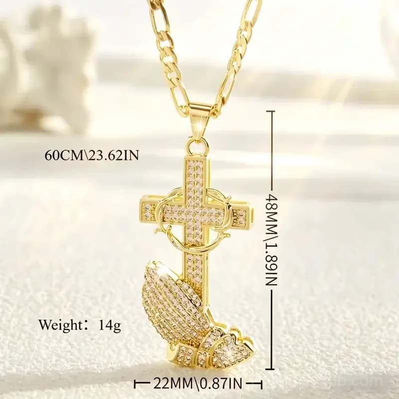Cross and Prayer Hands Pendant Necklace - View 6