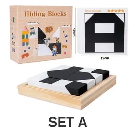 Hidden Building Blocks Puzzle Board Game Set A, 16 Blocks + 80 Cards - View 1
