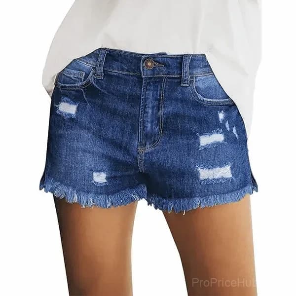 Women's Mid Rise Stretch Denim Shorts, Ripped Raw Hem - View 1