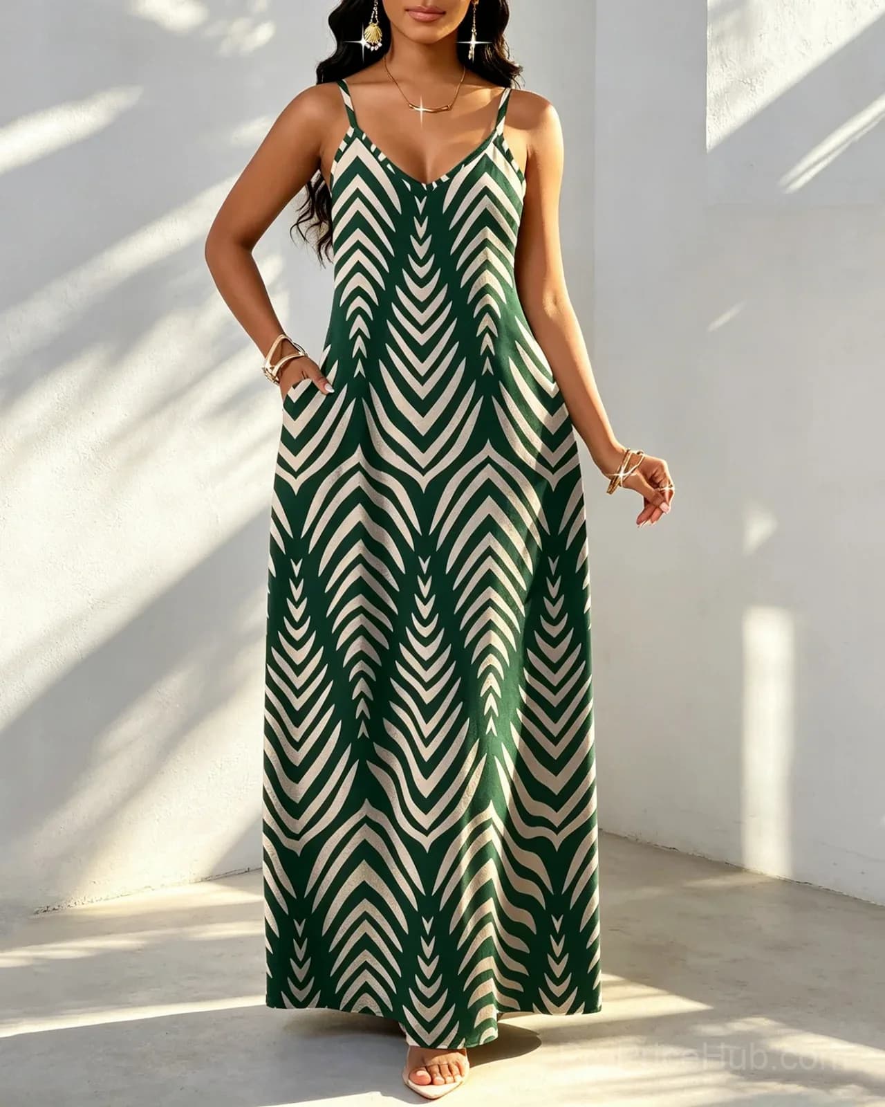 Women's Bohemian Striped Pocket Maxi Dress - View 1
