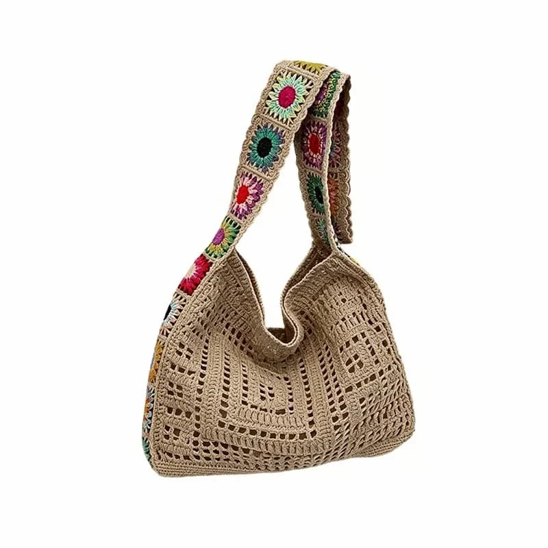Casual Hollow Knit Tote Bag, Off-White Ethnic Squares - View 6