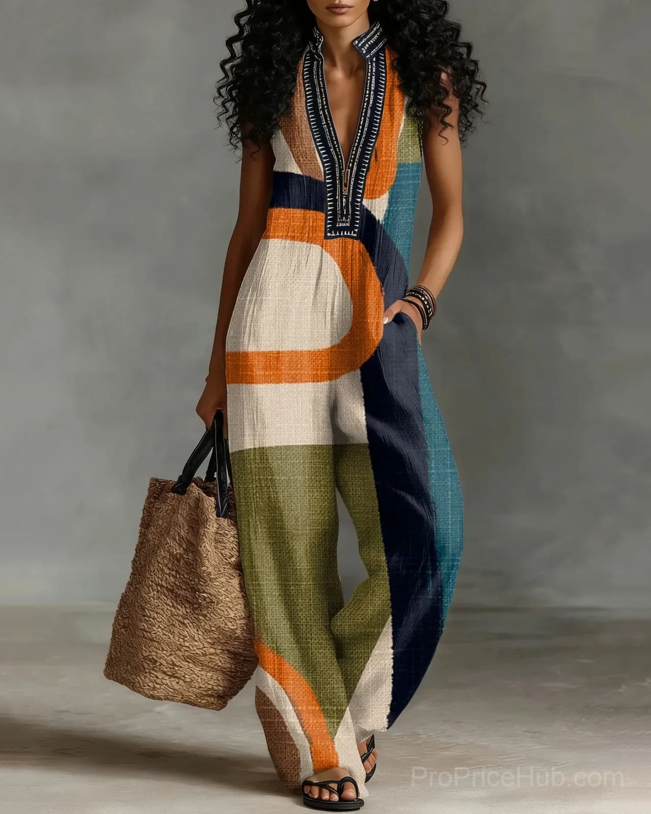 Color Block Linen Blend Sleeveless Jumpsuit with Zipper and Stand Collar - View 1